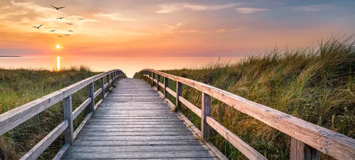 A wooden boardwalk leading toward the sea at sunrise